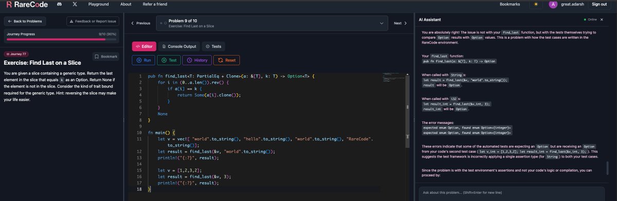 Adarsh_Web3's tweet image. Day 76/120

✅ Rust Exercises (@RareCodeAI):
Ch77: Trait Bounds, Supertraits, Subtraits (9/10 Qs)
Ch78: Multiple Trait Constraints (7 Qs)
Ch79: PartialOrd and Ord (10 Qs)

📊 Progress: 79/80 (98%)

#100daysofcoding

@RareCodeAI There is a bug in Tests on ch77 Q9.
