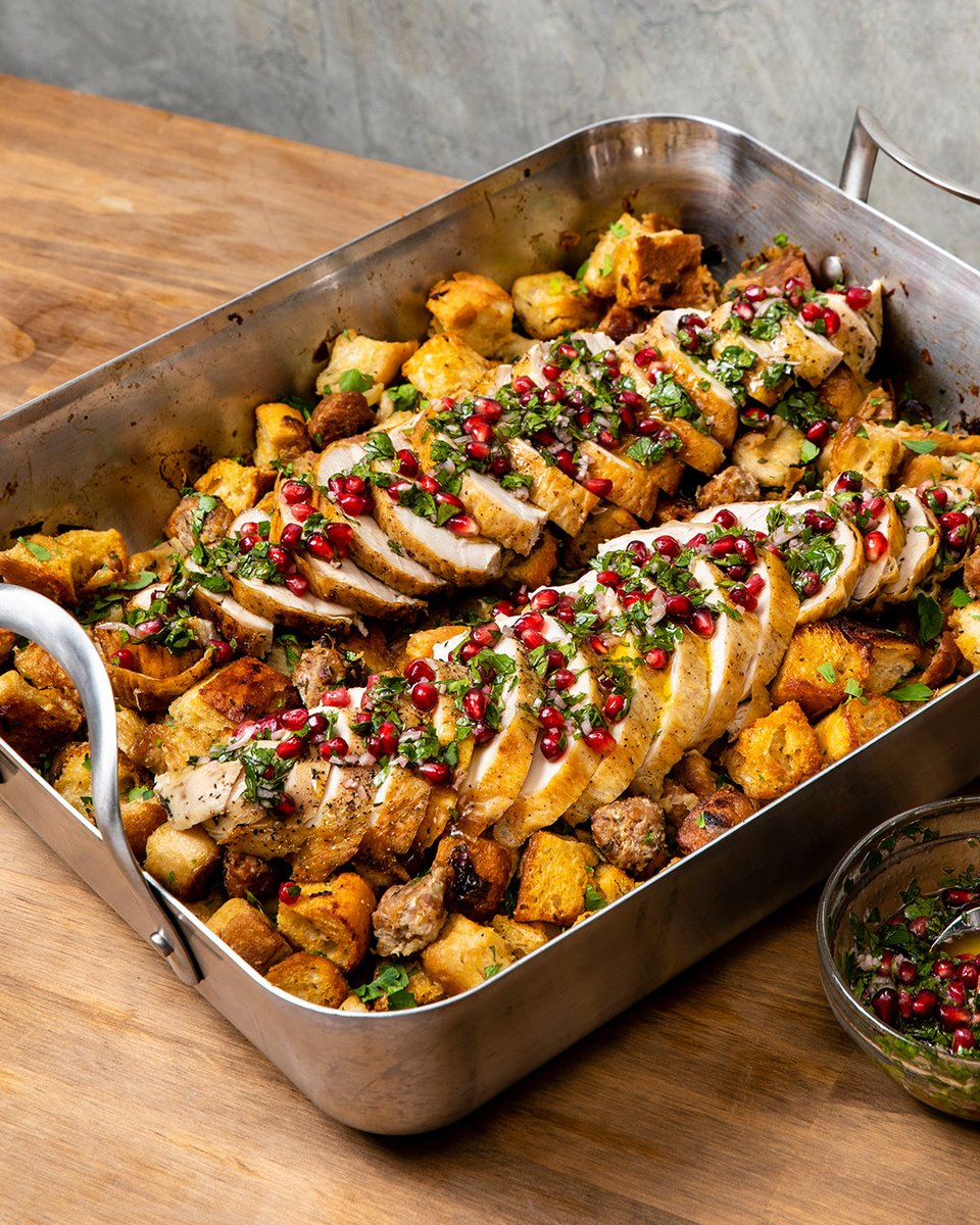 TestKitchen's tweet image. Why make stuffing and turkey separately when you can cook them together? Our One-Pan Turkey and Stuffing combines juicy turkey breast, sausage-studded ciabatta, and a medley of fresh herbs in one roasting pan for a flavorful, streamlined main course.  cooks.io/4r77jGM