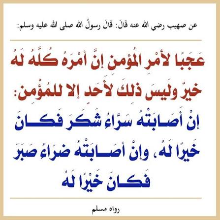 قال شيخ الإسلام رحمه الله  " ... فهذا الحديث يعمّ جميع أقضيته لعبده المؤمن و أنها خير له إذا صبر على مكروهها و شكر لمحبوبها  "   [ قاعدة في الصبر ص٨٨  ]