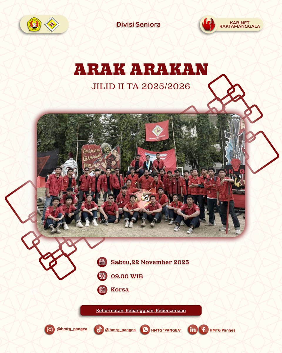 [ARAK-ARAKAN JILID II TAHUN AJARAN 2025/2026]

Salam Pangeaku!!!

Pada hari Sabtu, 22 November 2025 kami akan mengadakan Arak-arakan Jilid II. Arak-arakan ini merupakan persembahan kecil dari kami yang bangga.

Salam,
HMTG “Pangea”
KABINET RAKTAMANGGALA