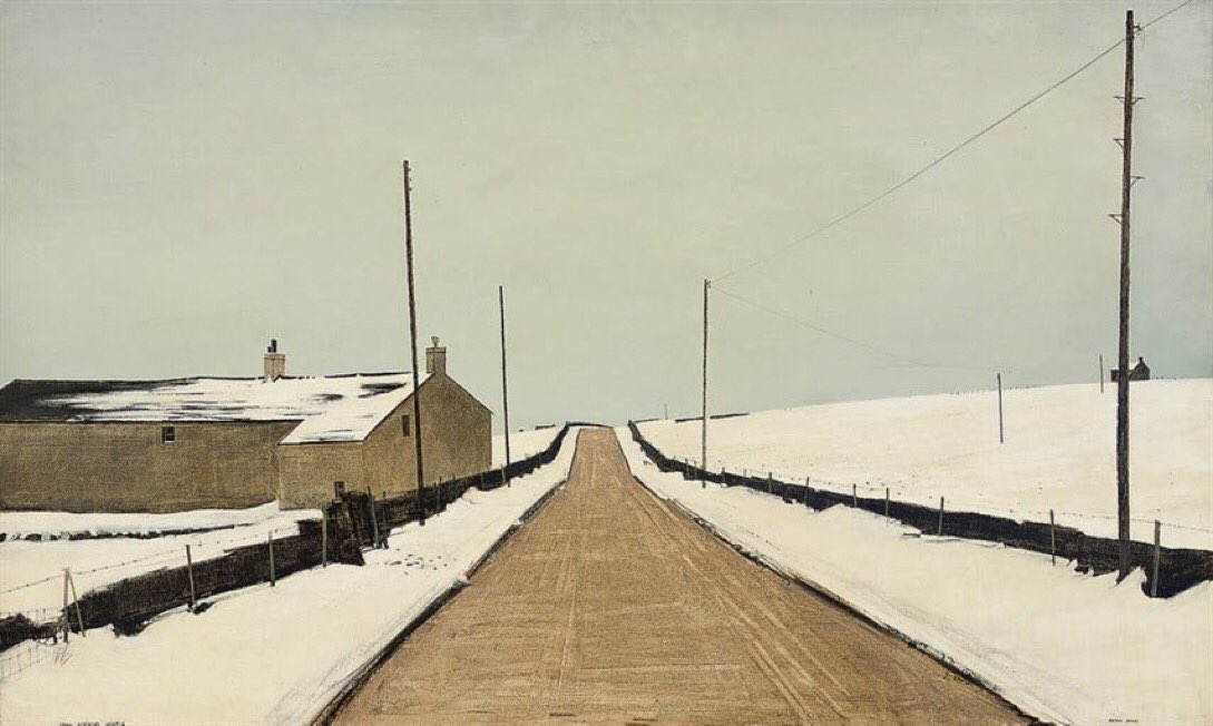 This week’s weather feels like the ‘Long Pennine Winter’ may have already begun. Peter Brook’s bleak portrayal of Flight Hill Farm is dominated by the empty road, drawing the eye to the horizon before disappearing into a cold, grey, featureless sky. (Sold at Christie’s in 2008)