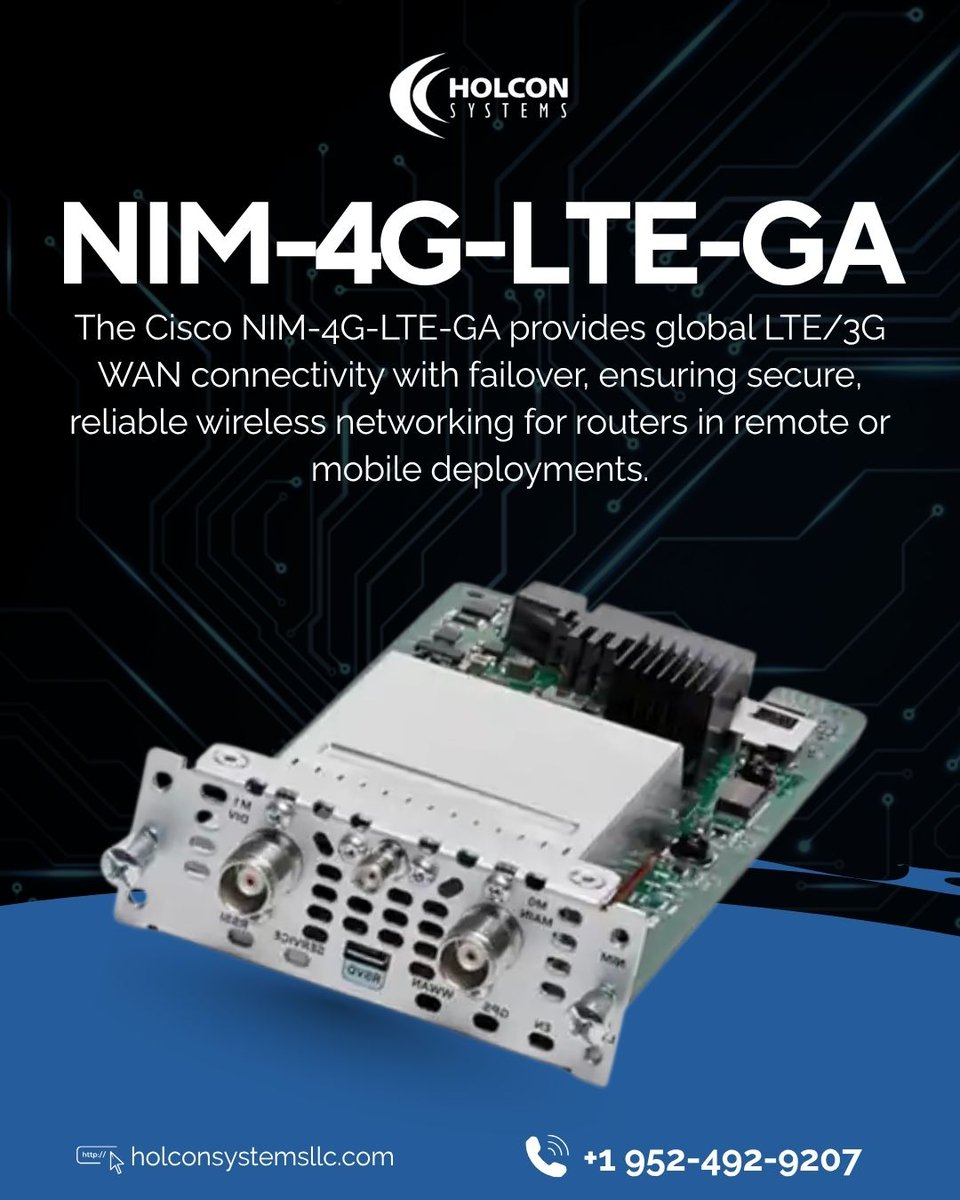 exciscokit's tweet image. The Cisco NIM-4G-LTE-GA is designed to keep your network connected wherever your work takes you. Delivering global LTE and 3G WAN connectivity with built-in failover.

#holconsystems #networkingsolutions #ithardware #networkefficiency  #businessconnectivity