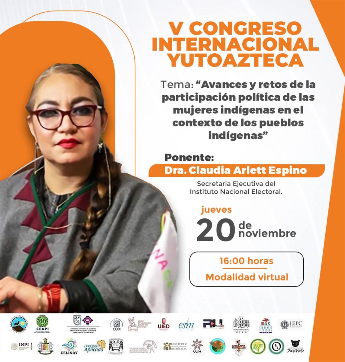 El día de hoy en el V Congreso Internacional Yutoaztecas, estará como ponente la Secretaria Ejecutiva del <a href="/INEMexico/">@INEMexico</a>,  Dra. Claudia Arlett Espino, quien desarrollará el tema "Avances y retos de la participación política de las mujeres indígenas en el contexto de los pueblos