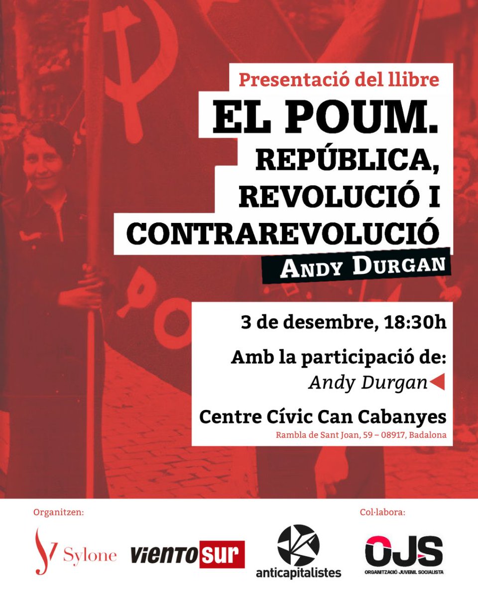 Aquest desembre presentarem a #Badalona el nou llibre 📚de l'Andy Durgan "El POUM. República, revolució i contrarrevolució" ✊🏼amb l'autor i amb <a href="/OJS_Badalona/">Badalona OJS</a>.

Conversarem sobre l'actualitat del seu llegat, la lluita contra el feixisme i l'organització de la classe obrera.