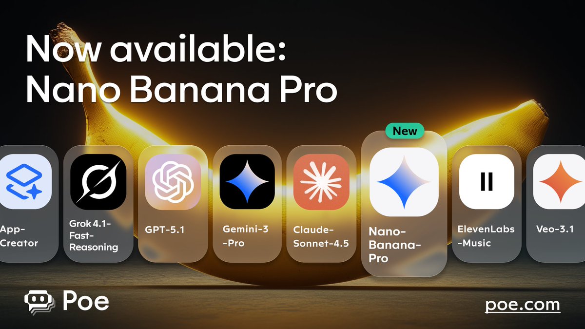 poe_platform's tweet image. New! Nano Banana Pro is on Poe!

Nano Banana Pro (Gemini 3 Pro Image Preview) can make detailed, context-rich visuals, precisely edit or restyle input images with exceptional fidelity, and even generate legible text in images in multiple languages. (1/2)