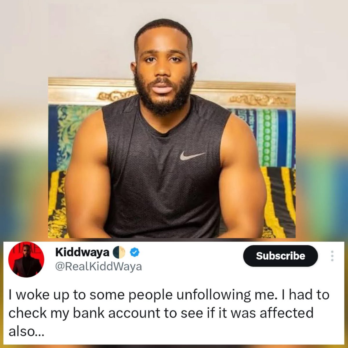 Kolaqhazim's tweet image. Big Brother star Kiddwaya laughed off haters unfollowing him: “Woke up, saw some people bounced, quickly checked my bank balance to see if it cried too… nah, still smiling.” This was right after his spicy tweets dragged online trolls and got him cooked. #Kiddwaya…