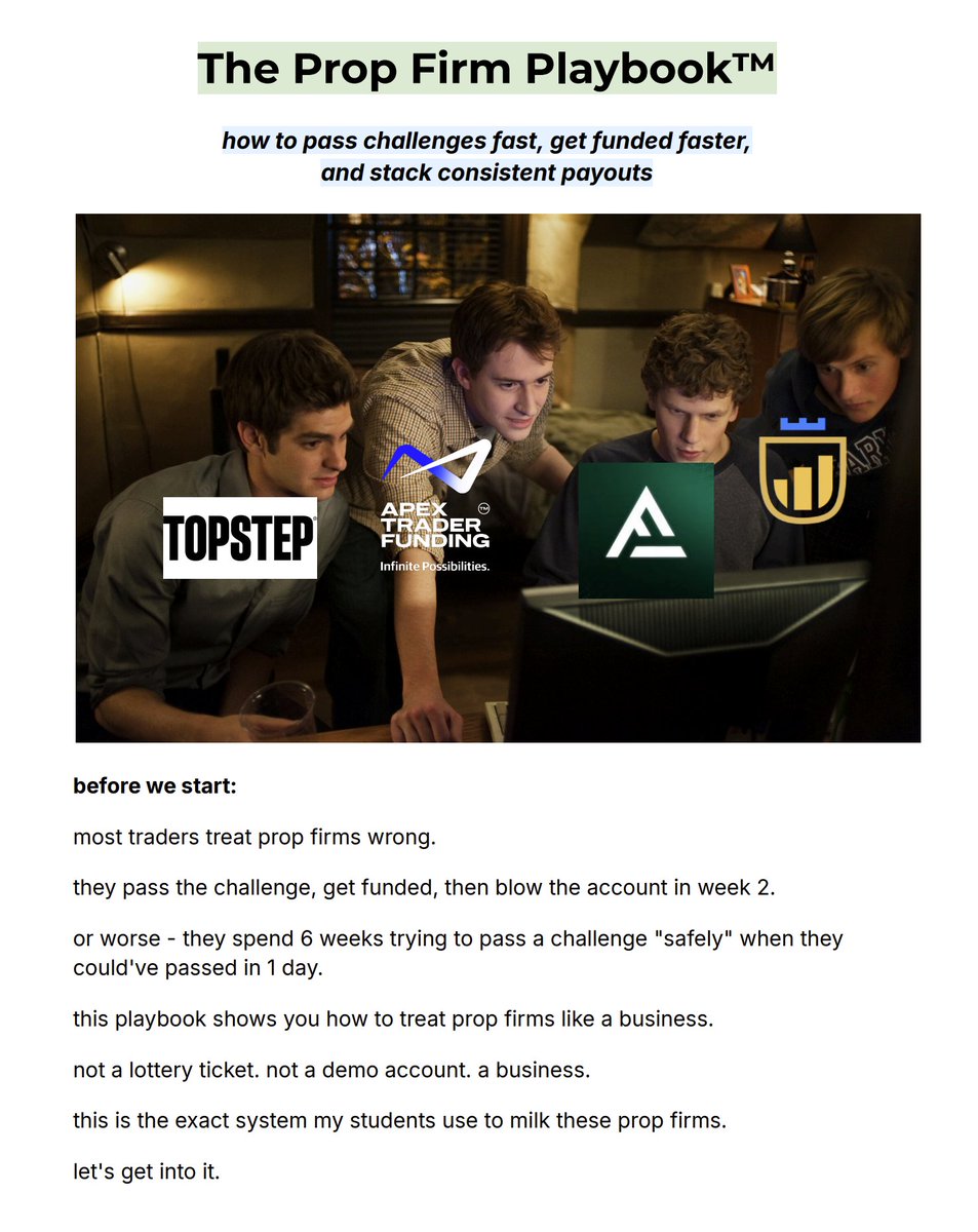 TritonTrades's tweet image. the prop firm playbook™

- how to pass challenges as fast as possible
- how to get your first payout in under 2 weeks
- how to stack consistent payouts month after month

like + comment &quot;PROP&quot; and i&apos;ll send it to you.

(must be following so i can DM you)