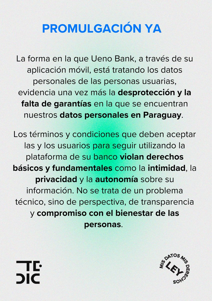 TEDICpy's tweet image. #ACTUALIDAD 
Sin un marco regulatorio, no hay garantías ni protecciones sobre el tratamiento de nuestros datos personales. ¡Exigimos la promulgación inmediata de la Ley de Protección Datos Personales! #MisDatosMisDerechos