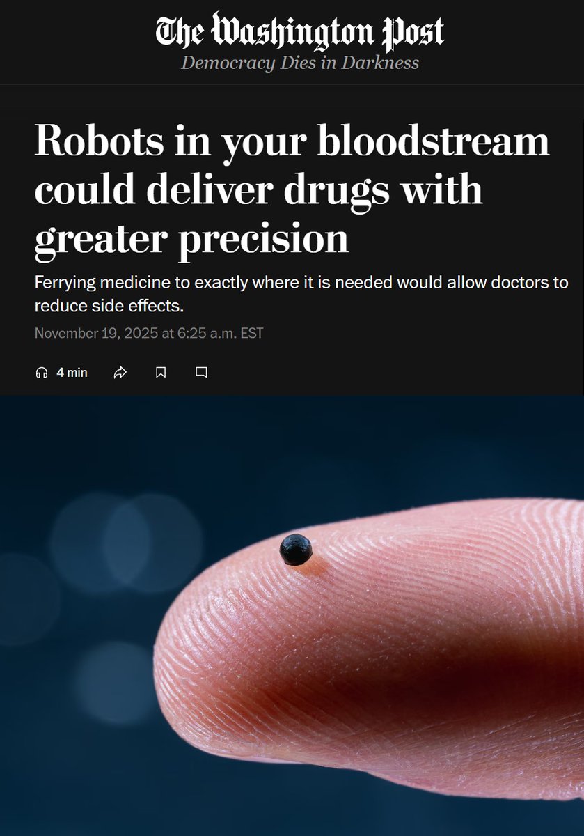 Eyaaaad's tweet image. خبر طبي كبير...

علماء في سويسرا يُعلنون عن ابتكار روبوت حجمه أصغر من حبة الرمل يدخل في مجرى الدم لنقل الدواء إلى الموقع المطلوب بدقة متناهية يتم التحكم فيه عن بعد مما يتيح تقليل الآثار الجانبية للأدوية على أجزاء الجسم.

يقول صاحب الورقة البحثية الدكتور برادلي نيلسون:
الأدوية…