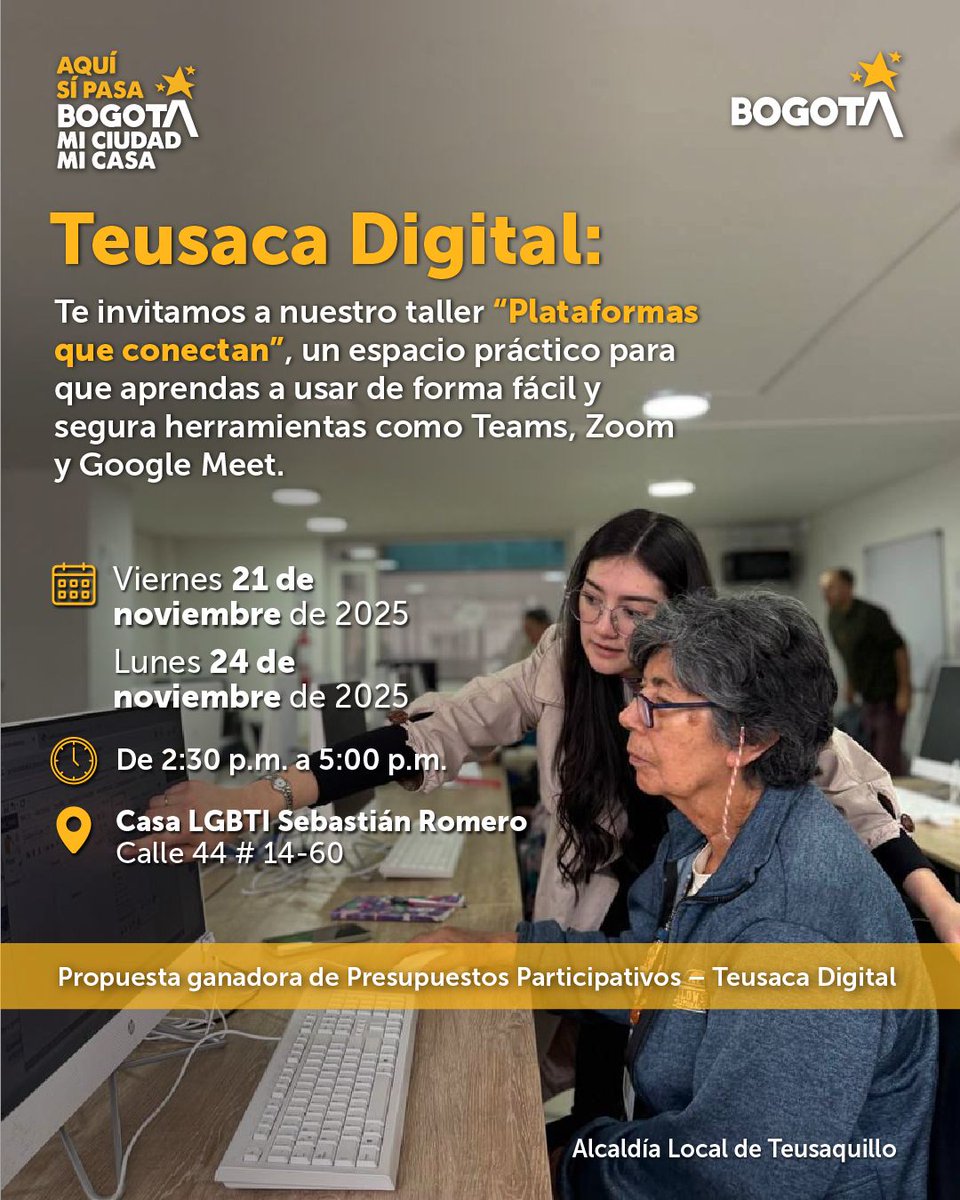 🟠Reúnete, participa, conecta.📲 

📣¡Atención personas mayores de Teusaquillo!📣

¿Quieres aprender a crear, entrar y dirigir reuniones desde tu celular o computador? En Teusaca Digital te enseñaremos paso a paso cómo usar Meet, Teams y Zoom.👵👴👩🏾‍💻

#TeusacaDigital #teusaquillo