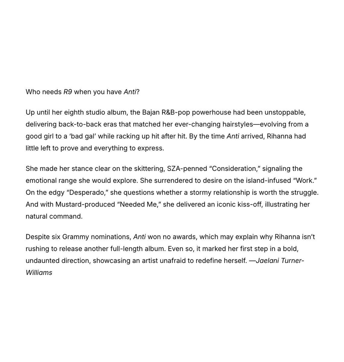 FentyHeadlines's tweet image. Rihanna’s ‘Anti’ was named the best female album of the 21st century by @Complex 🥇

The album ranked at No. 4 among both male and female artists.
🔗: complex.com/music/a/dimass…