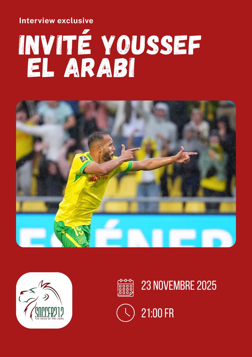🚨 SPACE AVEC <a href="/elarabiyoussef/">El arabi Youssef</a> 🚨

Soccer212 a le plaisir de recevoir dimanche 23 novembre 2025 l’attaquant du <a href="/FCNantes/">FC Nantes</a> et de l’<a href="/EnMaroc/">Équipe du Maroc</a> !

⌚️Heure du Space : 

🇲🇦 🇫🇷 21:00

SOYEZ PRÉSENTS ET PARTAGEZ AU MAX ! #SCCR212Live