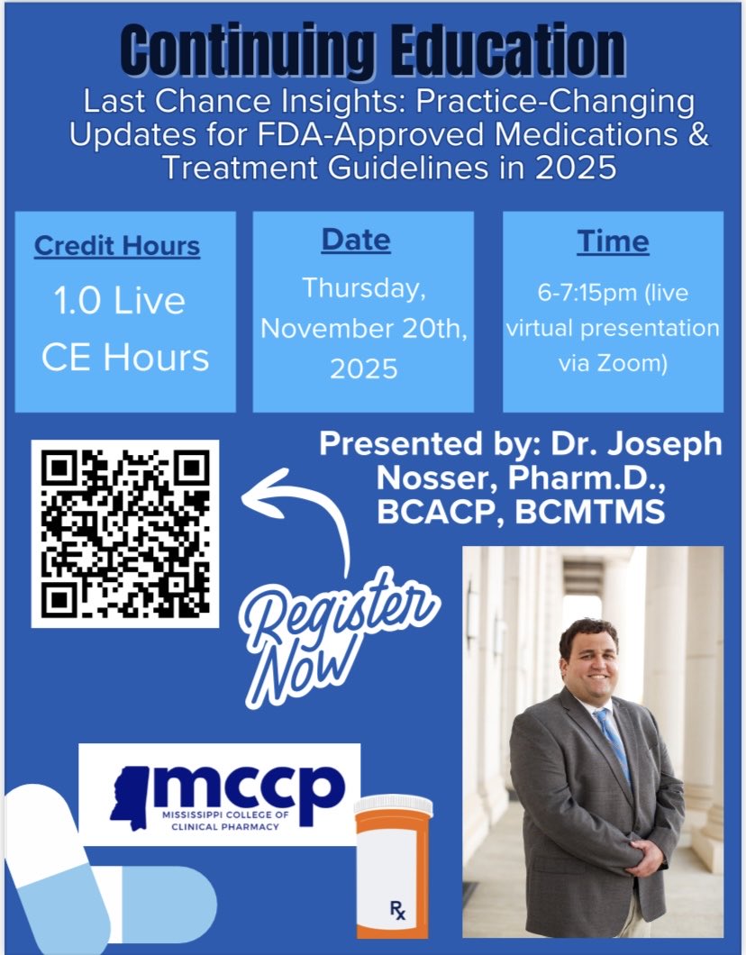 MCCP November CE!

Live CE Zoom MCCP members:

Last Chance Insights: Practice-Changing Med &amp; Guideline Updates 4 2025
Dr. Joseph Nosser
⏰ 6–7:15 PM
💊 1.0 H Live 
MCCP membership $35/yr for pharmacists

#MCCP #PharmacyCE #ClinicalPharmacy #MississippiPharmacists #PharmD #ACCP