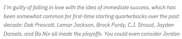 The words "immediate success, which has been somewhat common for first-time starting quarterbacks over the past decade" are from a screenshot of your own website........