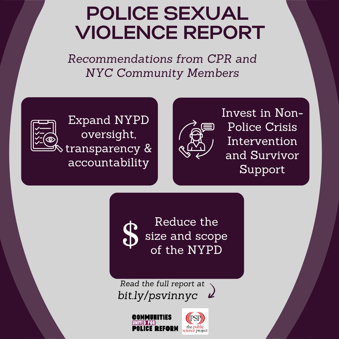 changethenypd's tweet image. Police sexual violence is an insidious problem impacting NYers across all communities. Our new report with CUNY Graduate Center’s Public Science Project exposes how police sexual violence is one of the largest threats to public safety in NYC. Learn more at bit.ly/psvinnyc
