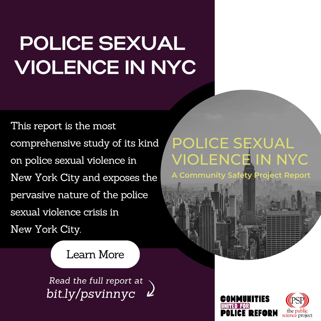 changethenypd's tweet image. Police sexual violence is an insidious problem impacting NYers across all communities. Our new report with CUNY Graduate Center’s Public Science Project exposes how police sexual violence is one of the largest threats to public safety in NYC. Learn more at bit.ly/psvinnyc
