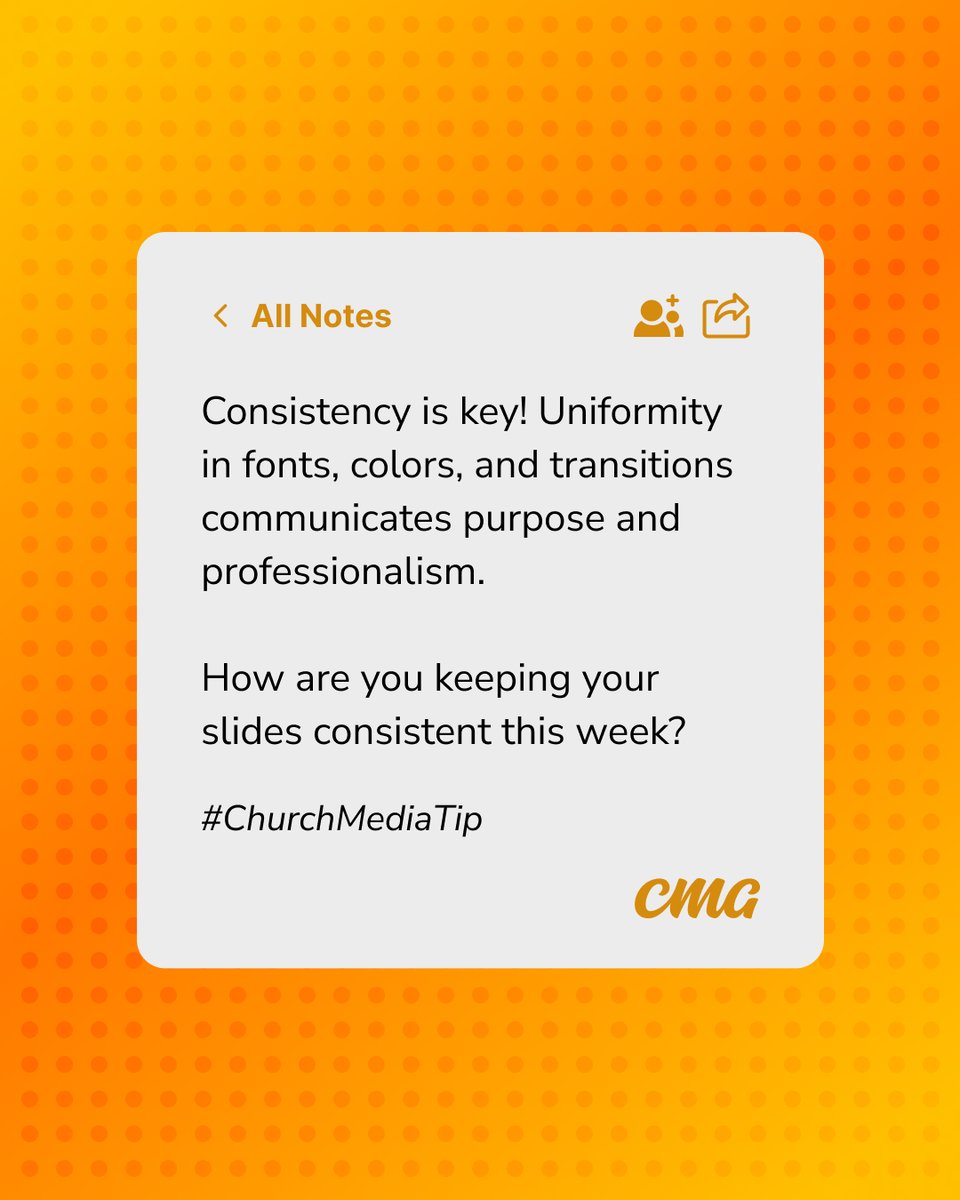 ChurchMotion's tweet image. ✨ Church Media Tip ✨ 

Consistency is key! Uniformity in fonts, colors, and transitions communicates purpose and professionalism. How are you keeping your slides consistent this week? #ChurchTech #MediaTips