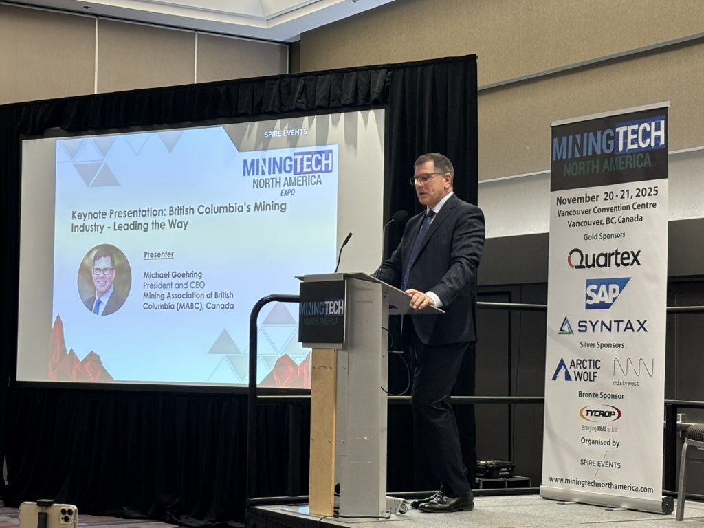MiningTech1's tweet image. Honoured to have Michael Goehring President &amp;amp; CEO of Mining Association of BC deliver the keynote presentation on British Columbia’s Mining Industry at MiningTech North America Conference &amp;amp; Expo in Vancouver 🇨🇦