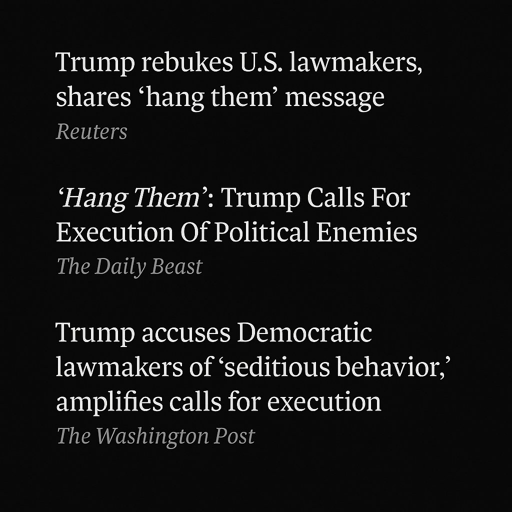 <a href="/ChrisMurphyCT/">Chris Murphy 🟧</a> 🔥 HOUNDS OF LIBERTY — HARD POST  - URGENT  🔥

DANGEROUS AND URGENT
PLEASE read and REPOST

The President of the United States just amplified a call to hang Democratic members of Congress.
That is not “politics.”
That is not “free speech.”
That is a CRIME.

Under federal law —