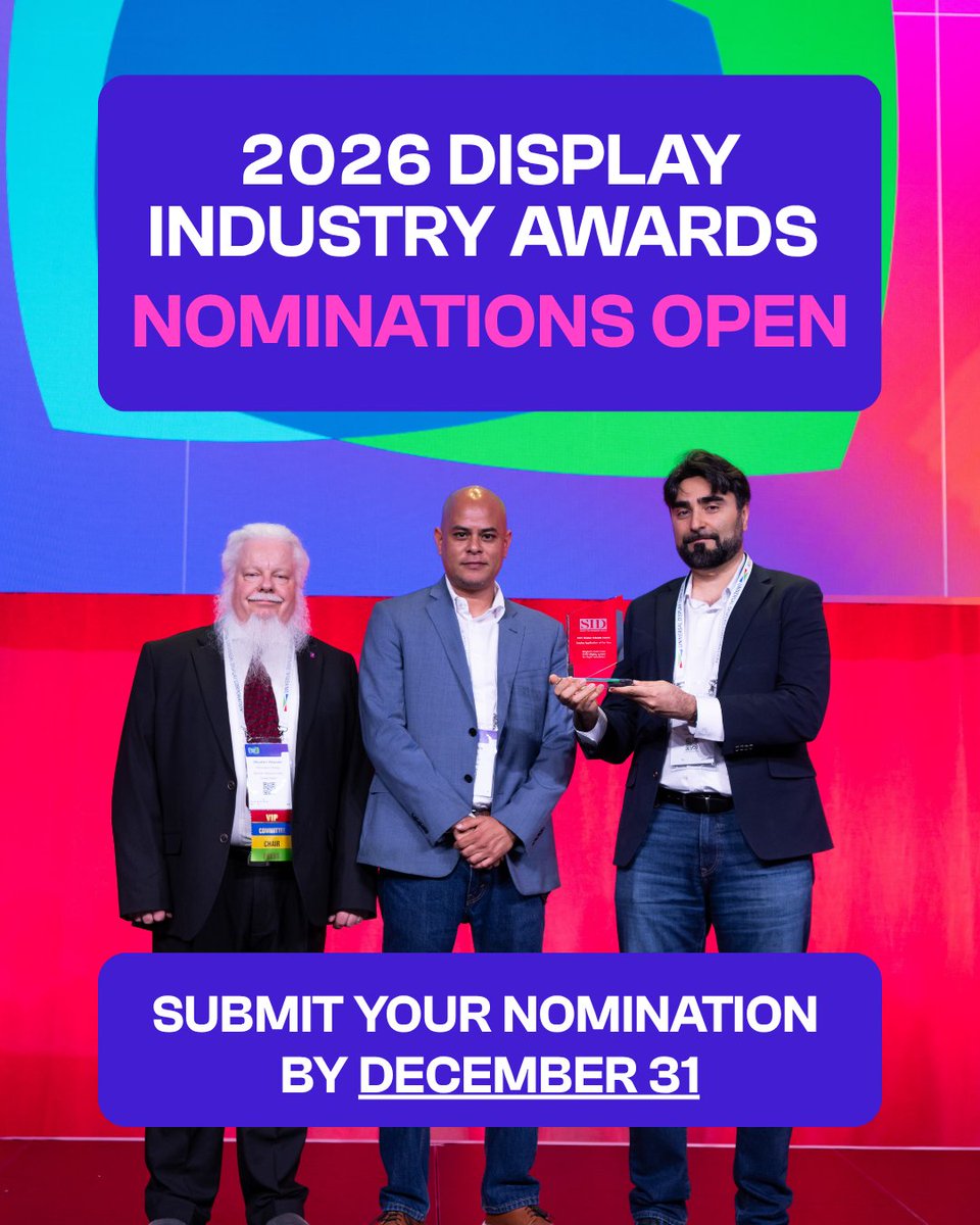 DisplayWeekSID's tweet image. The 2026 Display Industry Awards nominations are open!🏅 Honor innovation &amp;amp; excellence in the display industry by recognizing the best display products, applications, &amp;amp; components introduced in 2025. Learn more &amp;amp; submit:  sid.pulse.ly/wo7sk3xhob

#DisplayTech #DisplayWeek2026