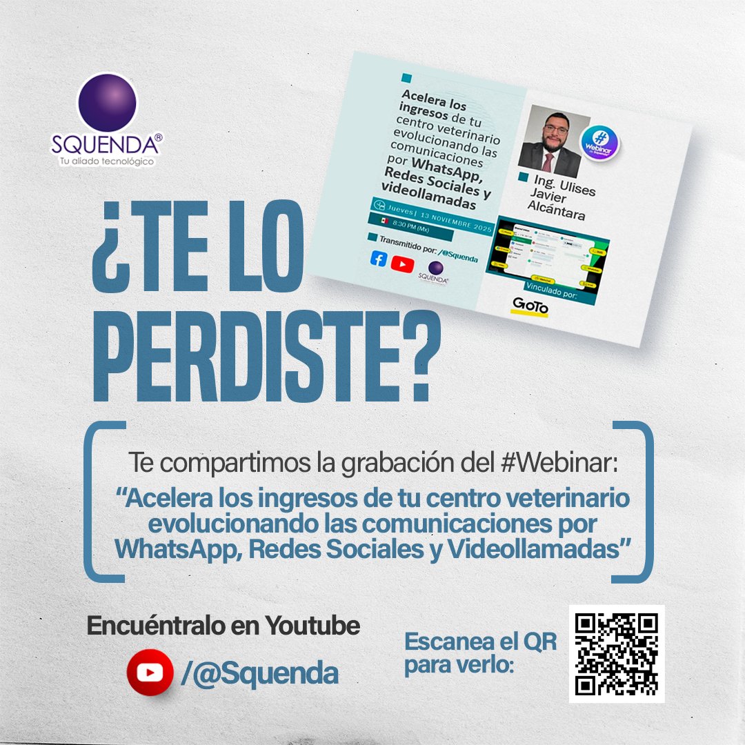 SQUENDA's tweet image. ⏯️ Te compartimos la grabación del Webinar #Goto #Comunicación
📃 Acelera los ingresos de tu centro veterinario evolucionando las comunicaciones por WhatsApp, Redes Sociales y videollamadas
youtube.com/watch?v=Dg6oZT…
