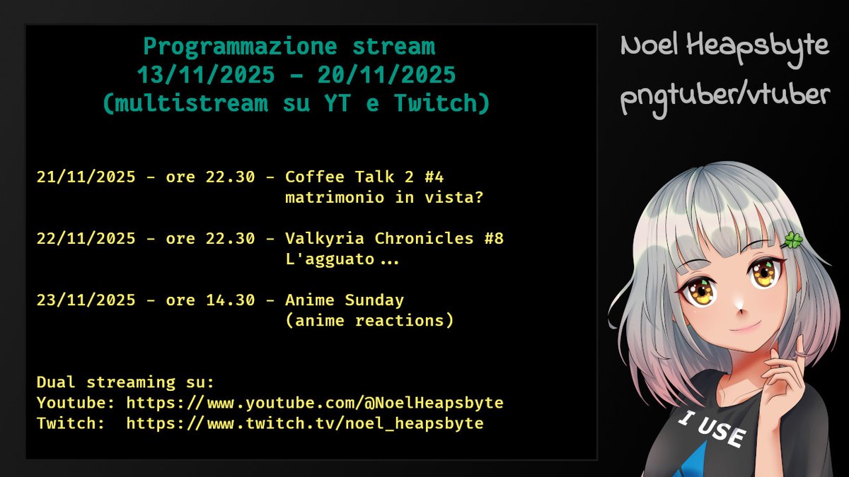 Un po' in ritardo, ma ecco i miei prossimi stream (sono i soliti, nulla di diverso almeno fin quando non finisco uno dei due)