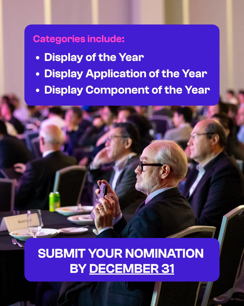 DisplayWeekSID's tweet image. The 2026 Display Industry Awards nominations are open!🏅 Honor innovation &amp;amp; excellence in the display industry by recognizing the best display products, applications, &amp;amp; components introduced in 2025. Learn more &amp;amp; submit:  sid.pulse.ly/wo7sk3xhob

#DisplayTech #DisplayWeek2026