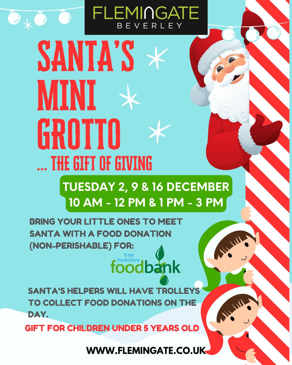 Come and visit Santa’s Mini Grotto with your little one on Tuesday 2nd, 9th &amp; 16th December🎅
 
We are collecting for East Yorkshire Foodbank. Rather than paying to meet Santa… you pay with an item of non-perishable food!
 
⏰Santa will be there between 10am-12 and 1-3pm!
