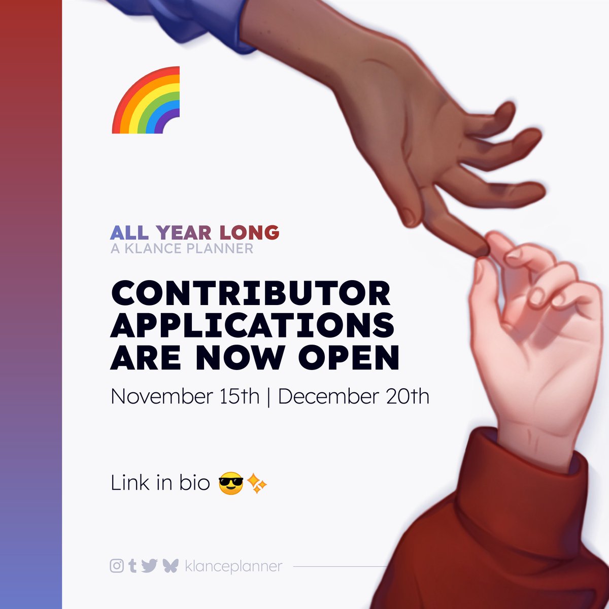 klanceplanner's tweet image. 🌈 CONTRIBUTOR APPS NOW OPEN

Today's the day!
We're looking for Page/Spot/Merch Artists and Merch Writers ✨
If you'd like to join us, we can't wait to see your app! Link in bio 😘

#contributorapps #klance #vld #voltron #keithkogane #lancemcclain #klancezine #klanceplanner