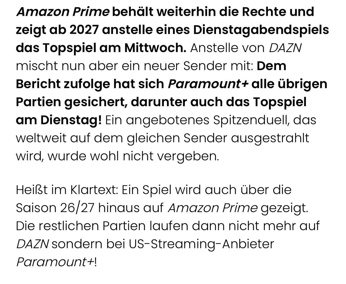 Also was ich hier wieder sehen muss.. 

Paramount+ zeigt CL
Dazn nur noch Europa League + conference League 
Das Finale ist Exklusive bei Netflix  
🙃🙃🙃