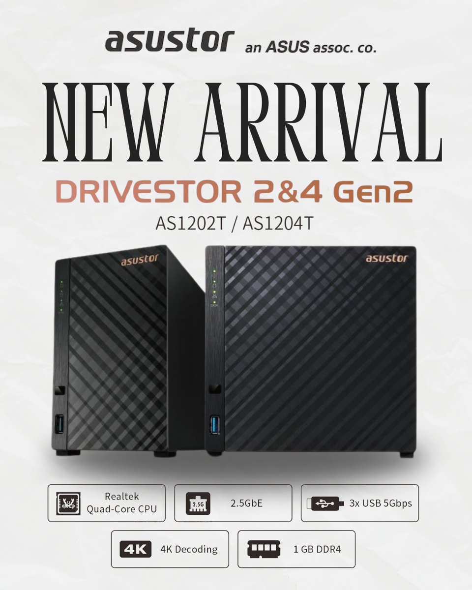 AsustorAmericas's tweet image. Introducing the Drivestor Gen2 series — 2.5GbE speed, secure performance, and enthusiast-level power at an entry-level price. Your perfect first ASUSTOR NAS → lnkd.in/gzWiEffF #ASUSTOR #NAS #DrivestorGen2 #AS12 #NewProduct