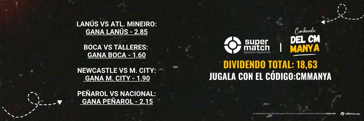 😉 Acá el 𝗖𝗠 𝗠𝗔𝗡𝗬𝗔… voy con mi combinada para el finde.

¿Me bancan?

Pueden jugarla con el código: CMMANYA en la app o en la web de Supermatch 📲