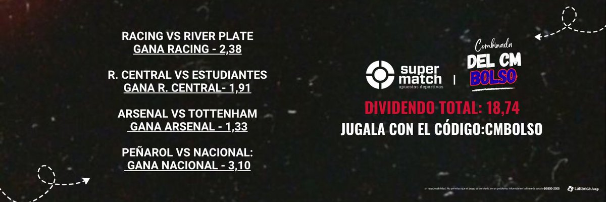 👋 Soy el 𝗖𝗠 𝗕𝗢𝗟𝗦𝗢 y les dejo la mía. Esta es mi combinada para el fin de semana y ustedes ya pueden jugarla en la web o en la app de Supermatch.

¿Le juegan?

📲 Actívala con el código: CMBOLSO