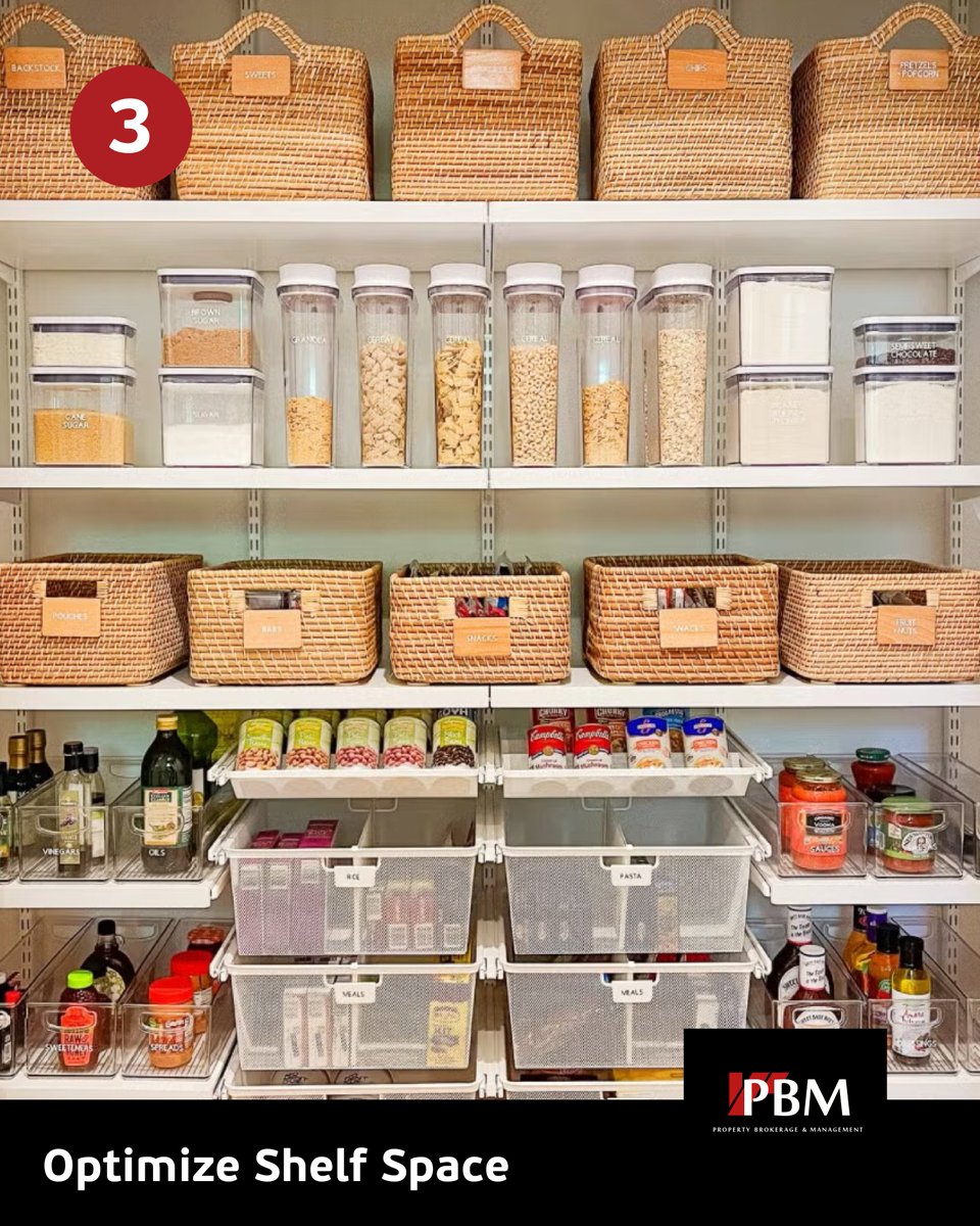 PBMrealestate's tweet image. 🧺 Organizing a pantry, especially a small one, requires good planning and maintenance.
Here are four main tips to create an efficient and functional pantry: