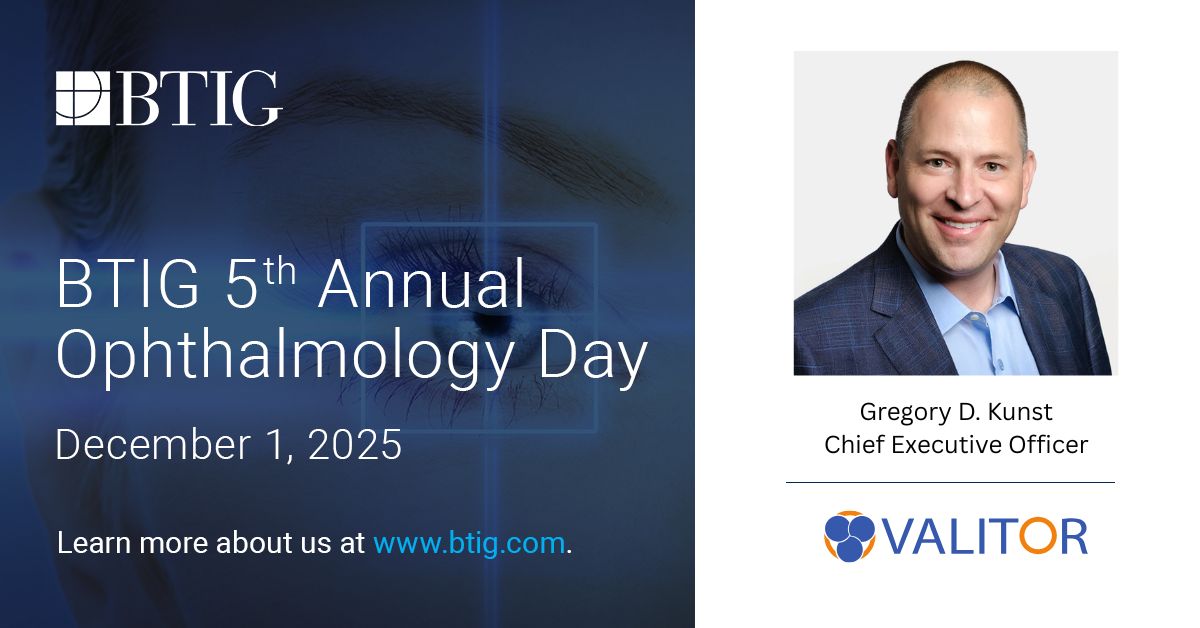 valitorbio's tweet photo. CEO Gregory D. Kunst will join fellow ophthalmic drug development leaders at BTIG’s 5th Annual Ophthalmology Day on Mon, Dec 1, 2025, to discuss emerging innovation in ophthalmology. Greg will also be available for one-on-one investor meetings. https://t.co/ov8eNpecMW