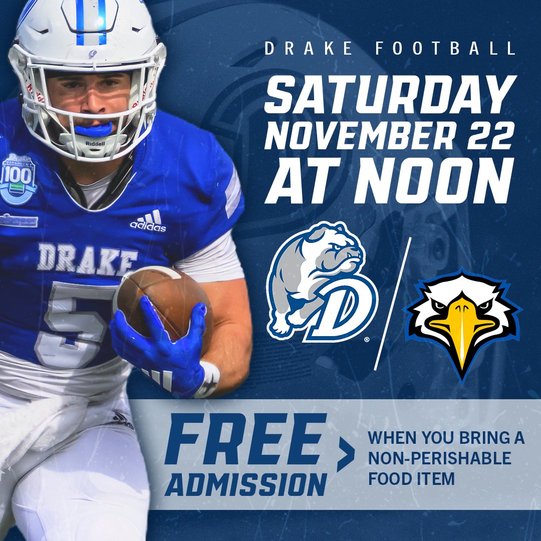 DUBulldogs's tweet image. 🏈𝙁𝙤𝙤𝙙 𝘿𝙧𝙞𝙫𝙚𝙨+𝙁𝙤𝙤𝙩𝙗𝙖𝙡𝙡

👀Donate a canned, non-perishable food item to Saturday’s @DrakeBulldogsFB game and receive a FREE complimentary ticket.

🏆Bring your friends and family as the Bulldogs seek their 3rd straight outright PFL championship!

#DSMHometownTeam