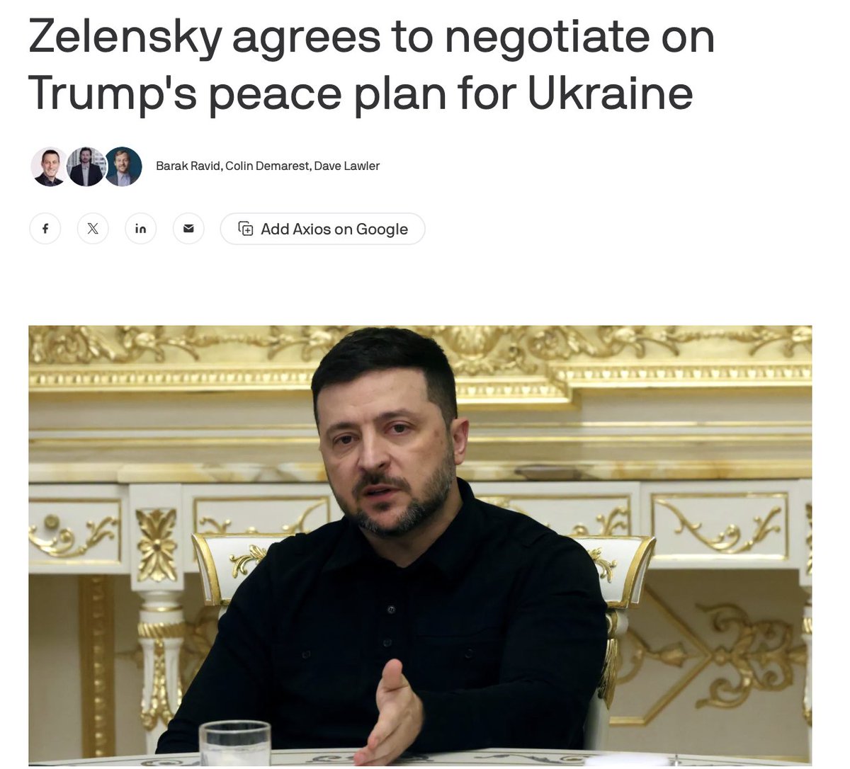 nexta_tv's tweet image. ⚡ ⚡ BREAKING: ZELENSKY AGREES TO NEGOTIATE ON TRUMP’S PEACE PLAN

Zelensky has agreed to begin talks on the proposed peace plan — and is ready to discuss it with the Trump administration despite its extremely painful terms, Axios reports.

The draft plan was handed to the…