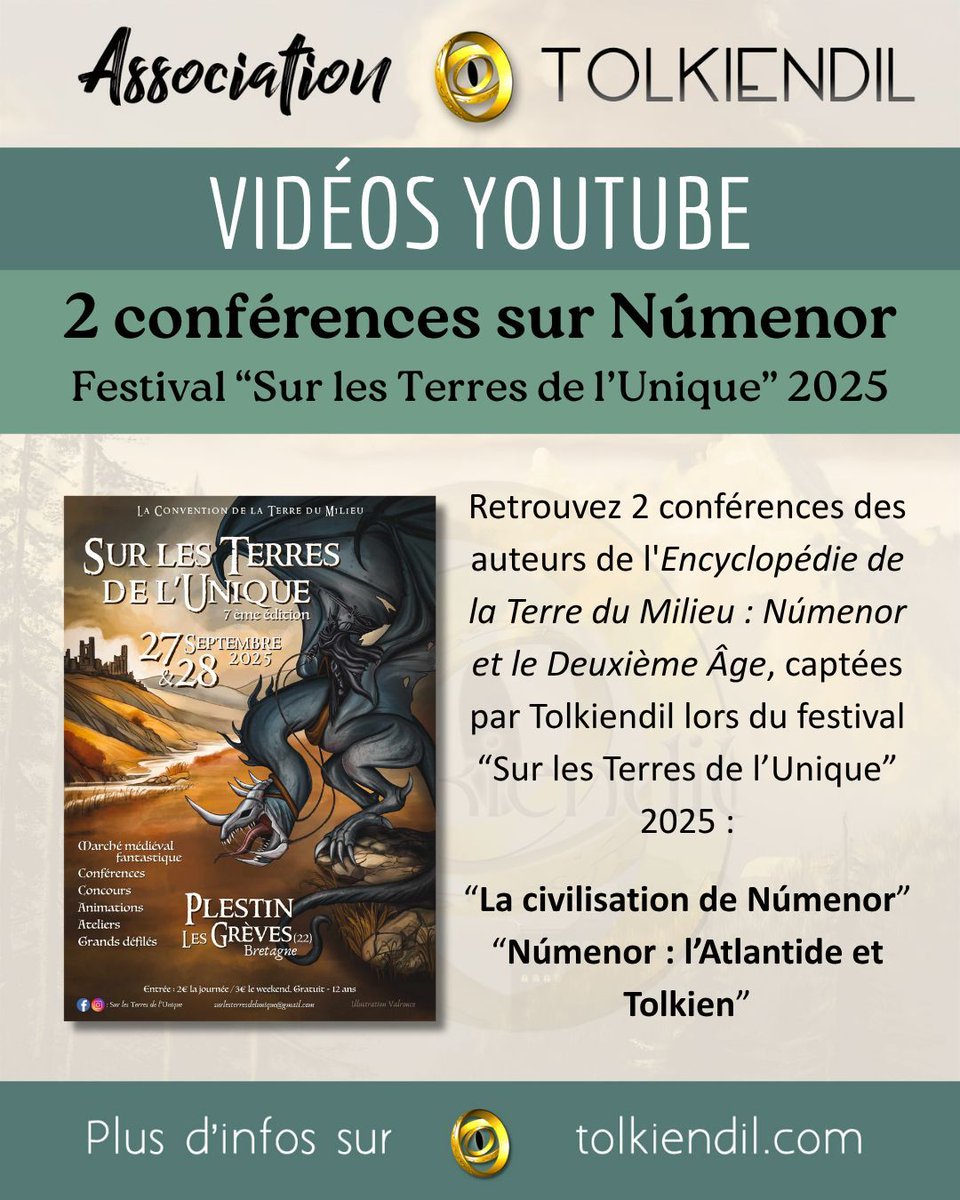 🎥 Nouvelles vidéos, toutes deux  dédiées à Númenor !
Rendez-vous sur notre chaîne YouTube pour découvrir 2 conférences captées en septembre dernier au festival Sur les terres de l'unique !
👉 youtube.com/@AssoTolkiendi…