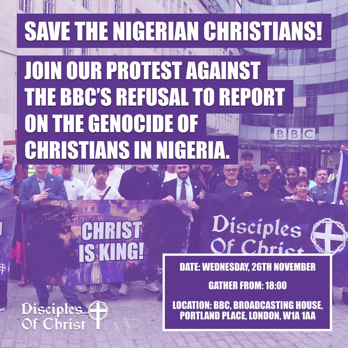 Join us on the 26th of November at 6pm outside the BBC in London to demand they report on the genocide of Christians in Nigeria.

End the silence. Christian Lives Matter.