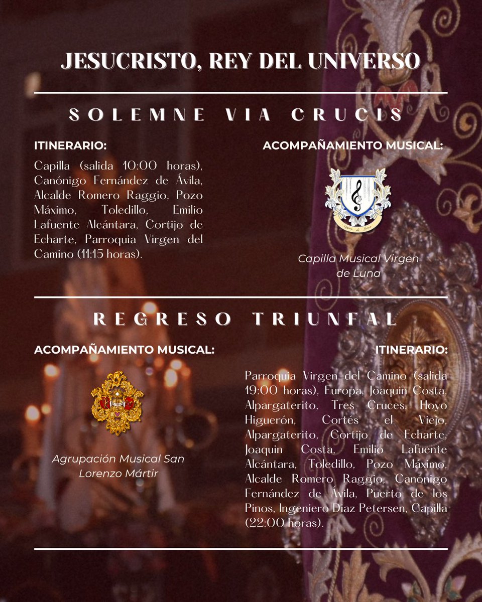EncarnacionMlg's tweet image. 𝐂𝐑𝐈𝐒𝐓𝐎 𝐑𝐄𝐘 | Horarios e itinerarios del Solemne Via Crucis y el posterior regreso triunfal de NPJ de la Salvación despojado de sus vestiduras por la Solemnidad de Jesucristo, Rey del Universo.

🗓️ 23/11

#LaEncarnacionDeDosHermanas
#CofradiasMLG