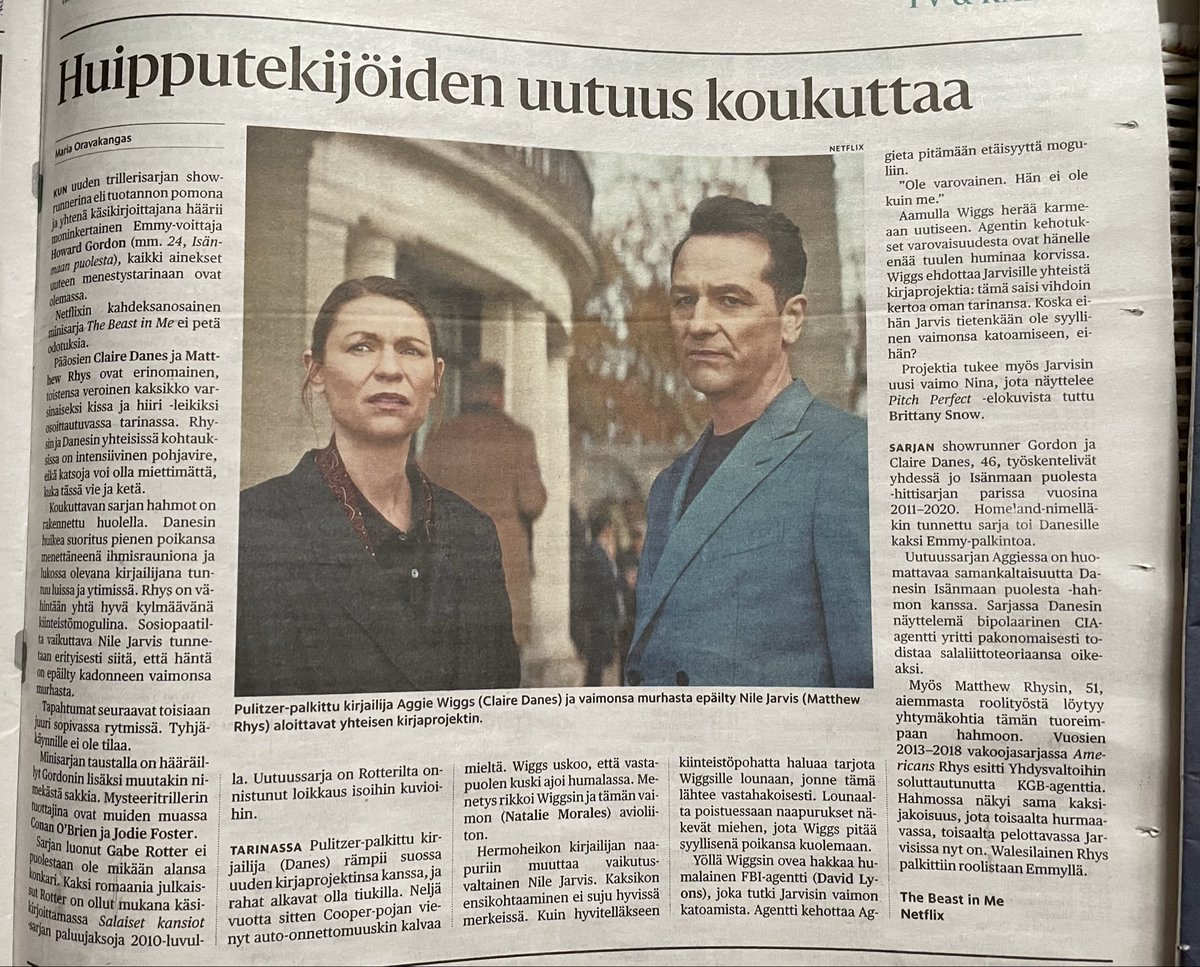 The Beast in Me on hyvä ja koukuttava tv-sarja, jossa on huippunäyttelijät, mutta ehkä kaksi isoa juttua peräkkäisinä päivinä on vähän liikaa <a href="/hsfi/">Helsingin Sanomat</a>  Toinen kulttuurissa ja toinen tv&amp;radio-sivuilla.