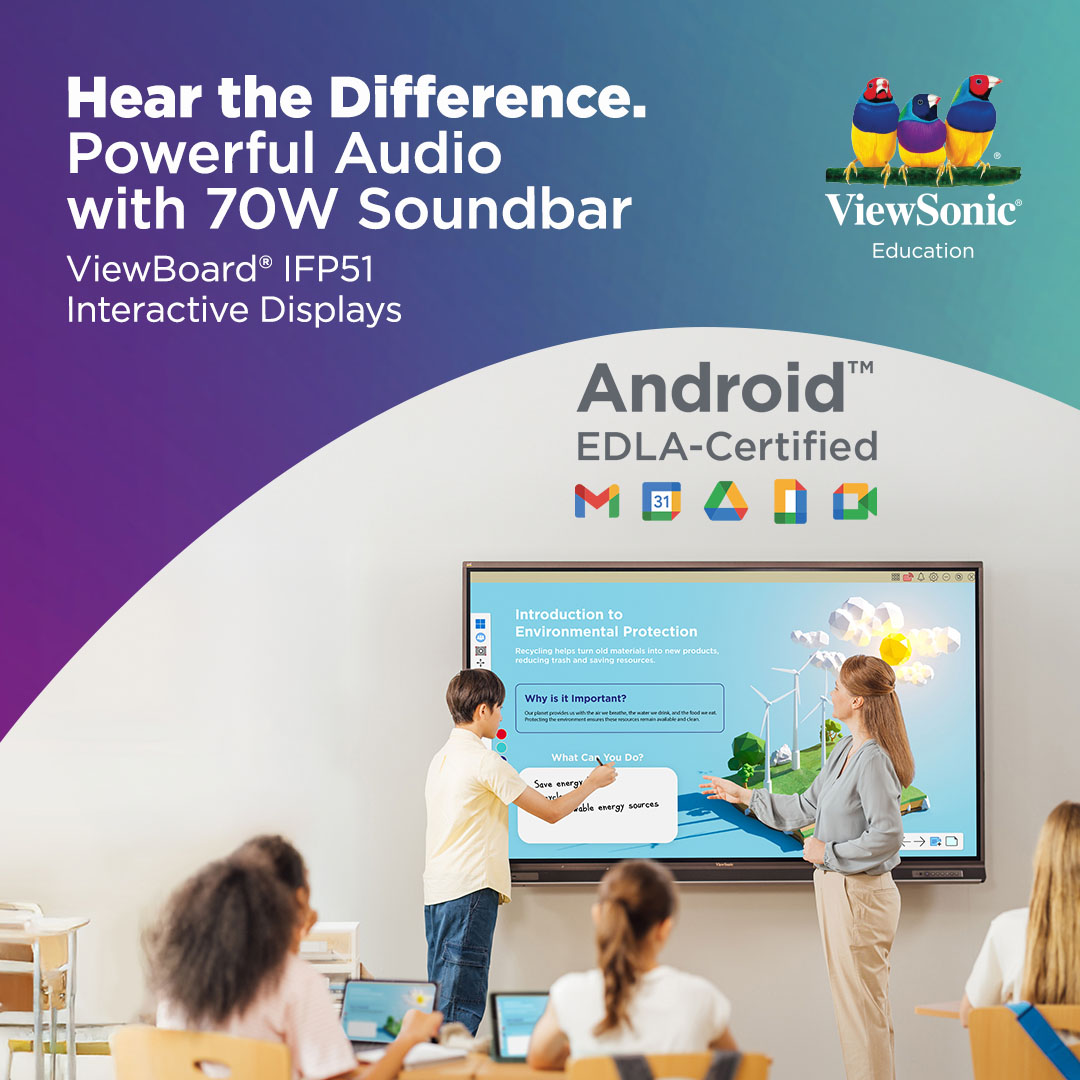 ViewSonicEDU_US's tweet image. Struggling to make sure every student can hear your lessons clearly? We heard that from so many educators, and we took that feedback seriously.
 
On many teachers&apos; wish lists was audio that actually fills the room. So, we built the ViewBoard IFP51 with a powerful 70W front-facing…