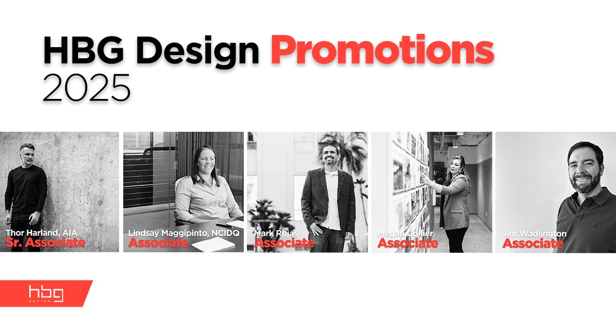 Big congratulations to our recently promoted team members!  👉hbg.design/five-standout-…

• Thor Harland – Senior Associate
• Lindsay Maggipinto – Associate
• Megan Collier – Associate
• Jim Wadlington – Associate
• Mark Rojas – Associate