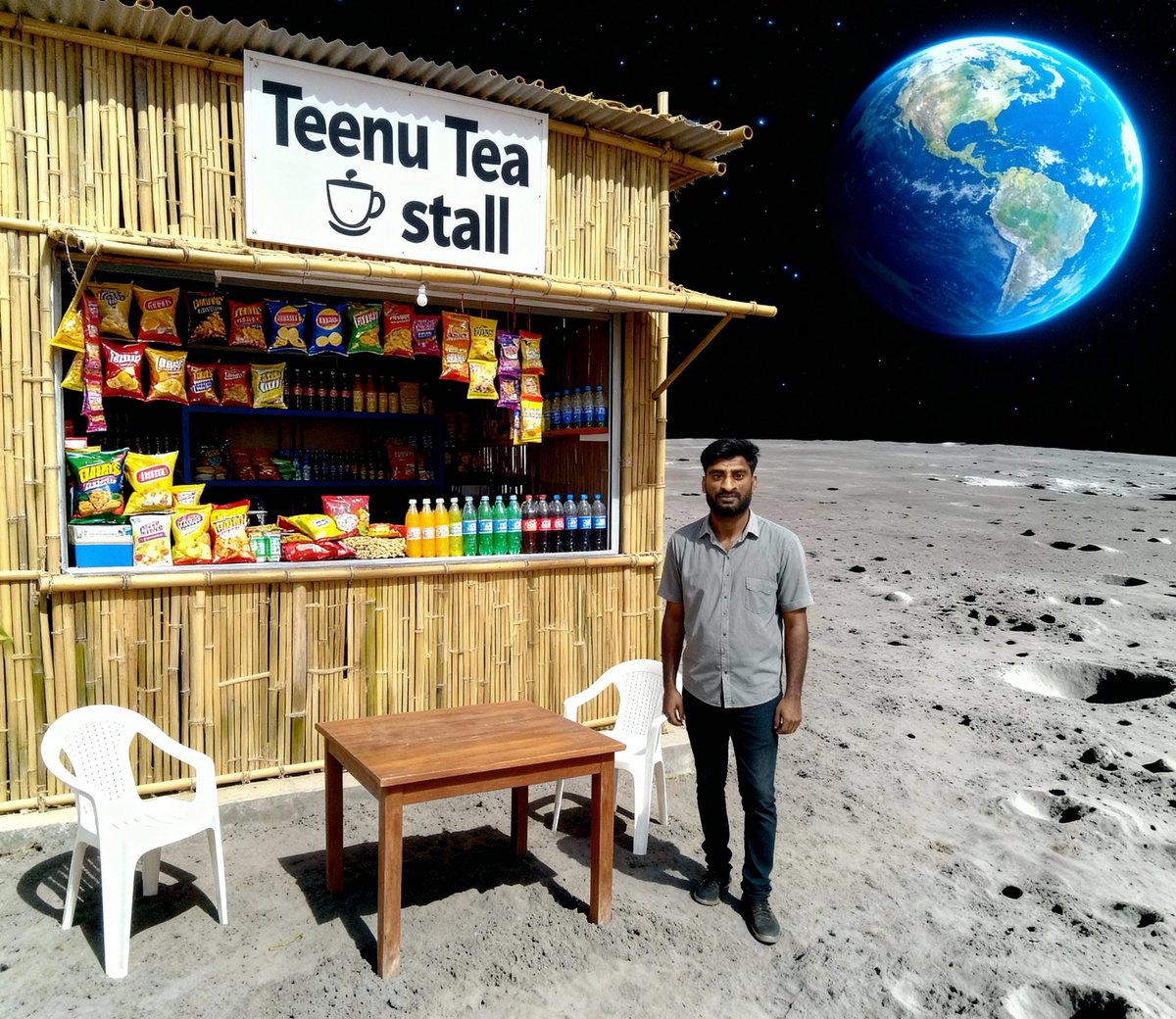 TeenuNavriya's tweet image. “चाँद पर भी Tea Stall खोल दिया मैंने 🌕😂🇮🇳”

#MoonTeaStall #SpaceVibes #DesiCreativity #AIMagic #FunnyReels #IndiaToMoon #DesiOnMoon #TeaLovers #CreativeAI #VillageToSpace