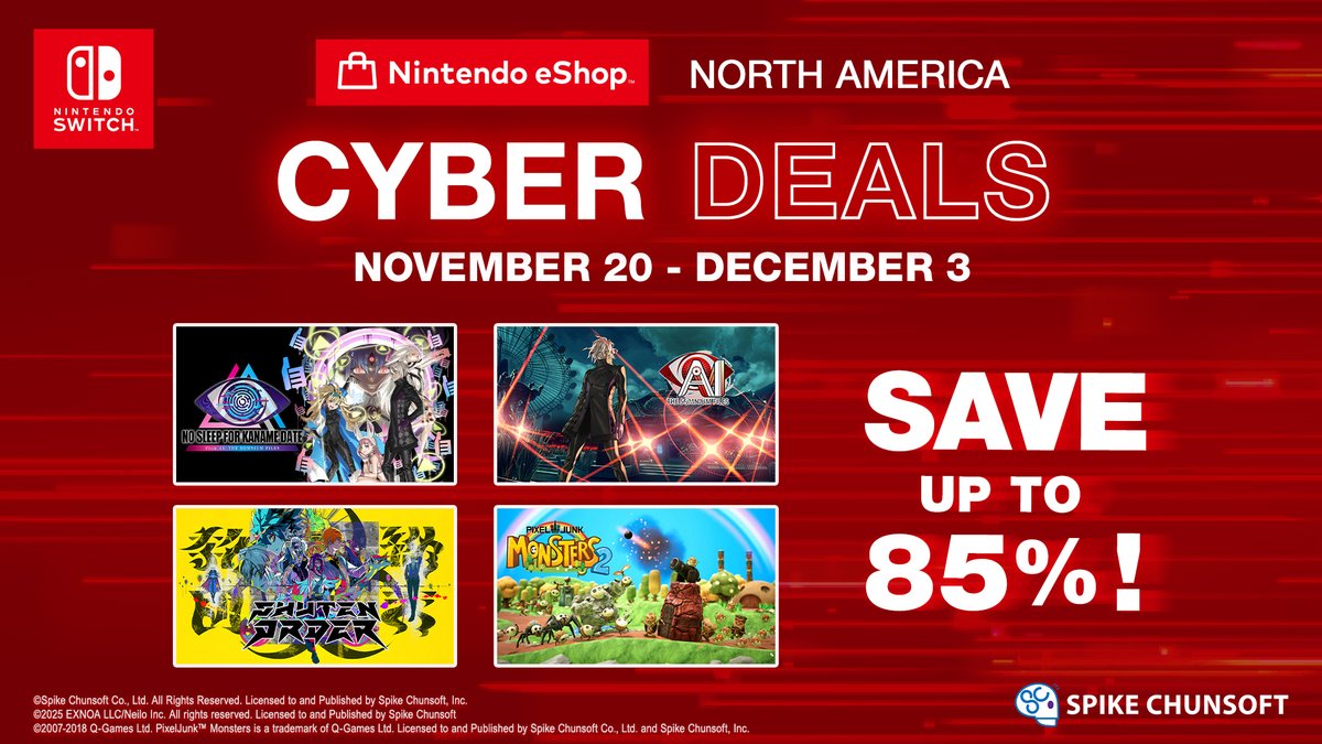 The sale lineup grows 😳

Its 'merica's turn for eShop deals! 🦅 Get up to 85% off select titles until December 3rd! And for the first time ever, get a discount on #ShutenOrder 👀

Learn more 👇
spike-chunsoft.com/sale/noa_sale-…