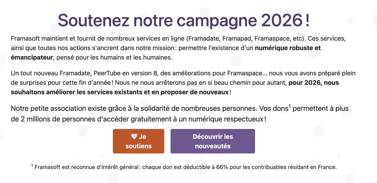 bearstech's tweet image. Campagne de dons 2026 de Framasoft, un objectif de 250 000 € pour soutenir l&apos;usage numérique éthique de 2 millions de bénéficiaires.

❤️ Pour soutenir l&apos;association 👉 soutenir.framasoft.org/fr/?utm_source…