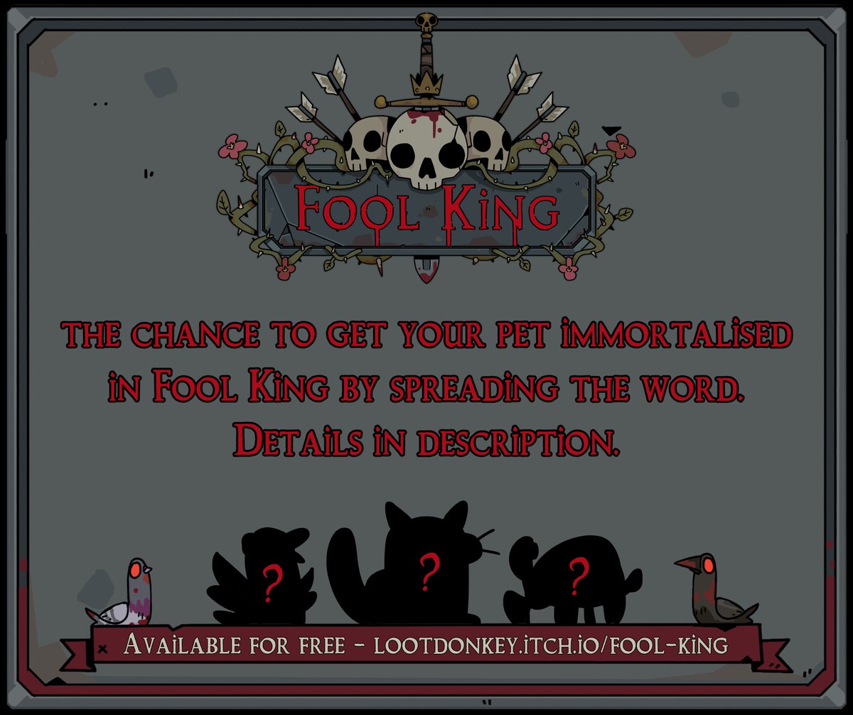 lootdonkey's tweet image. We are a micro studio &amp;amp; need your help spreading the word about Fool King!
 In return your faithful companion could be immortalised in game.
Please repost, comment &amp;amp; follow us to enter, winners to be chosen next week.
Extra points for playing the game &amp;amp; joining our discord 😉