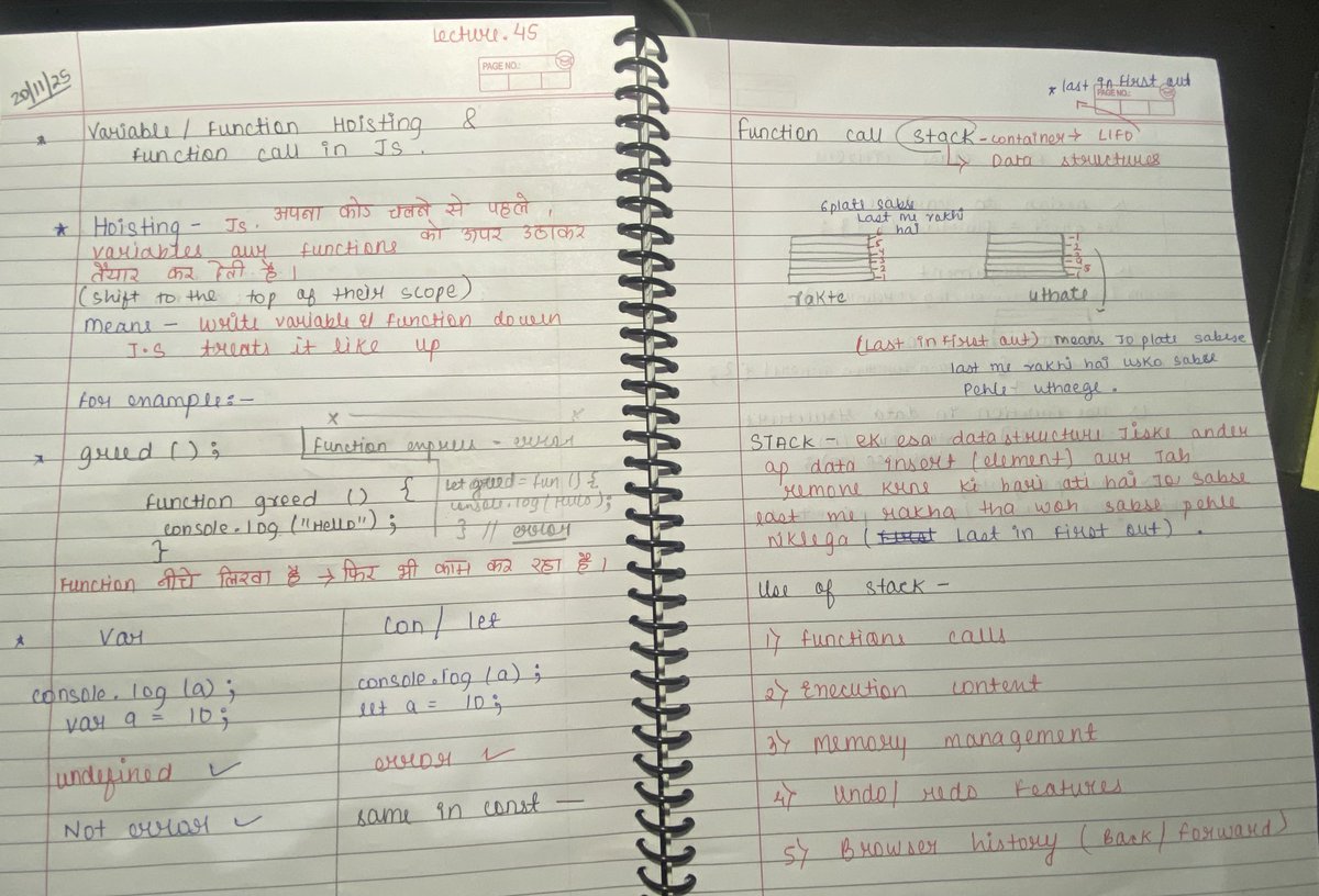 Nidhy7611's tweet image. Day 14 of leatning javascript with @lovebabbar3  Finally understood how the JS Call Stack works and why hoisting happens 🤯
Slow steps → Strong foundation.#webdeveloper #backenddevloper 
#Frontend #JS #LearningJourney