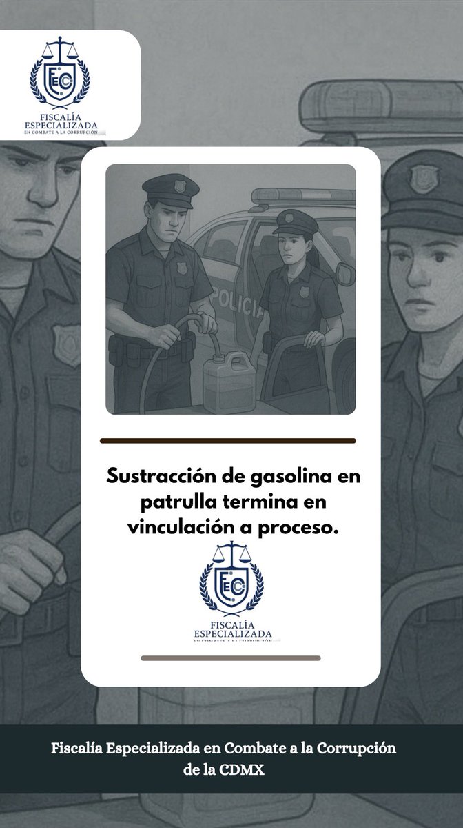 FECCCDMX's tweet image. El 19/12/24 se detectó una sustracción de gasolina en una patrulla de la Policía Metropolitana Oriente.
Cuatro elementos fueron asegurados en el lugar.
El 19/11/25 un juez los vinculó a proceso por robo agravado en pandilla.
La FECC reafirma su compromiso contra la corrupción.