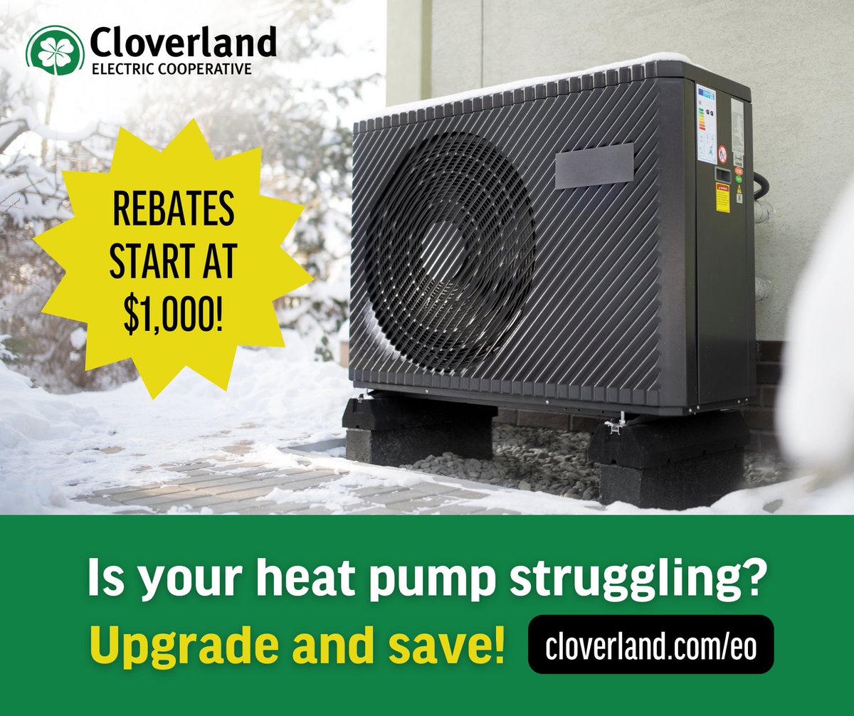 cloverlandcoop's tweet image. Is your heat pump struggling to keep up? A new, energy-efficient heat pump can lower your electric bills, improve home comfort and keep your system running smoothly for years to come! Check out our heat pump rebates, starting at $1,000: bit.ly/4iBHI3O #EnergyOptimization